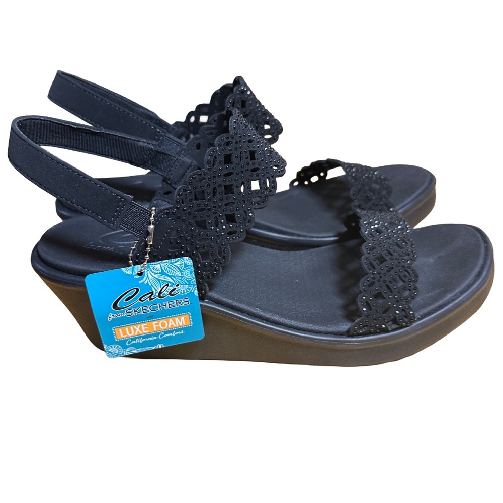 Skechers Women's Rumble on Sassy Dayz Black Luxe Foam wedge Sandals